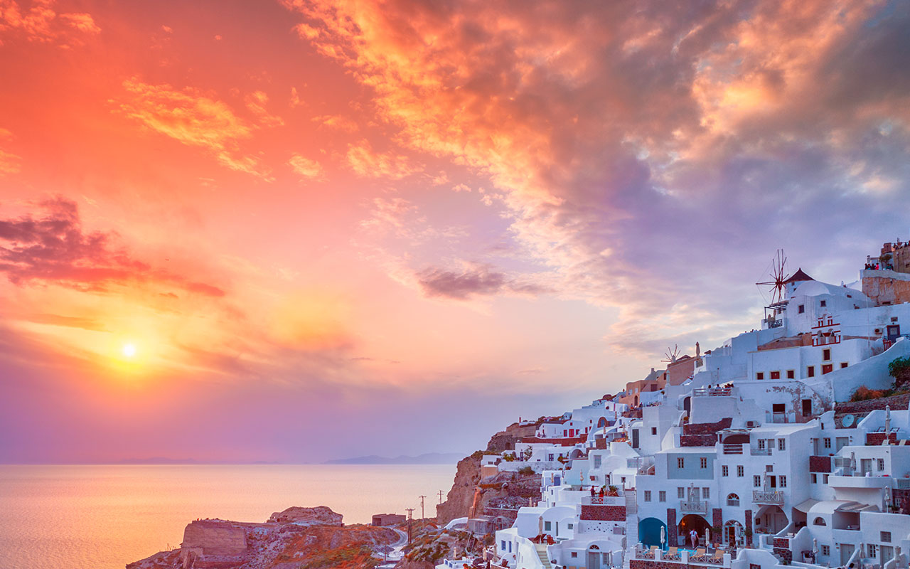 Panoramic View of Oia Santorini Greece at Sunset