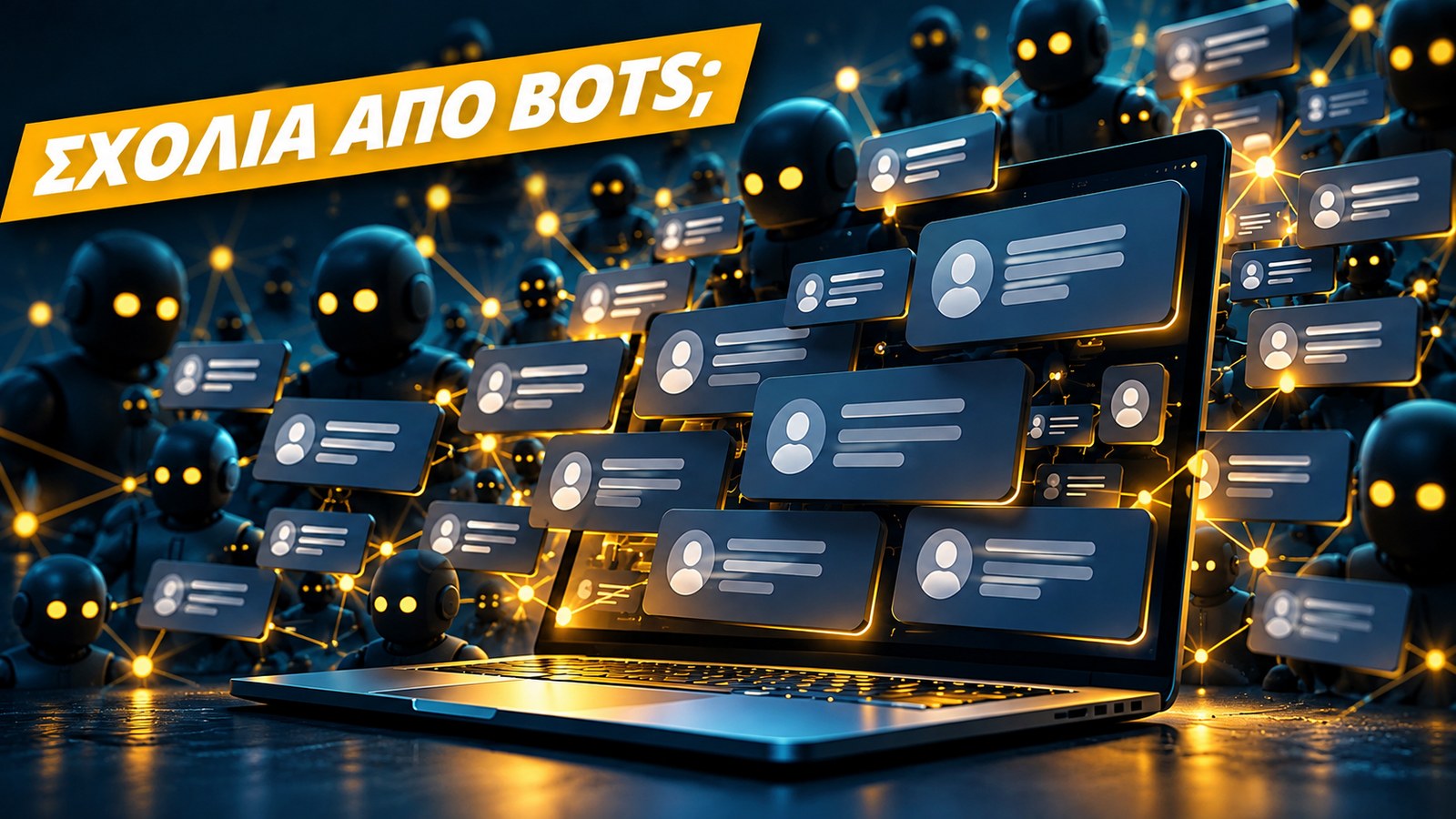 Bots στα σχόλια: ενδεικτική εικόνα AI με λογαριασμούς και μηνύματα σε laptop