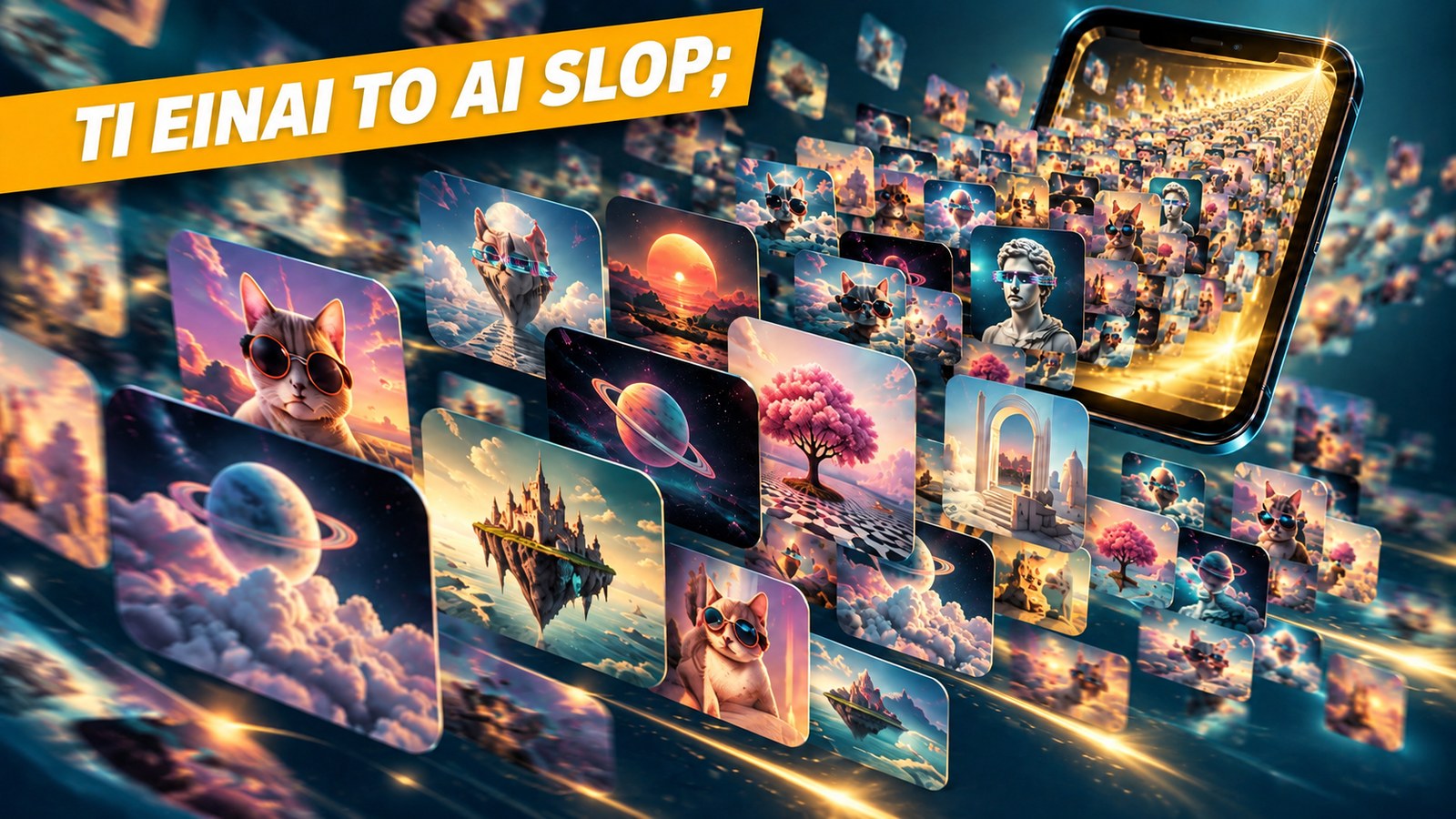 AI slop: ενδεικτική εικόνα AI με επαναλαμβανόμενες εικόνες γύρω από κινητό