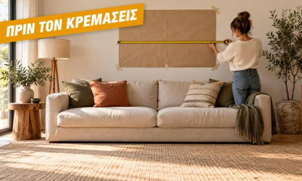 Πίνακας πάνω από καναπέ: εικονογράφηση AI με χάρτινο πατρόν και μεζούρα
