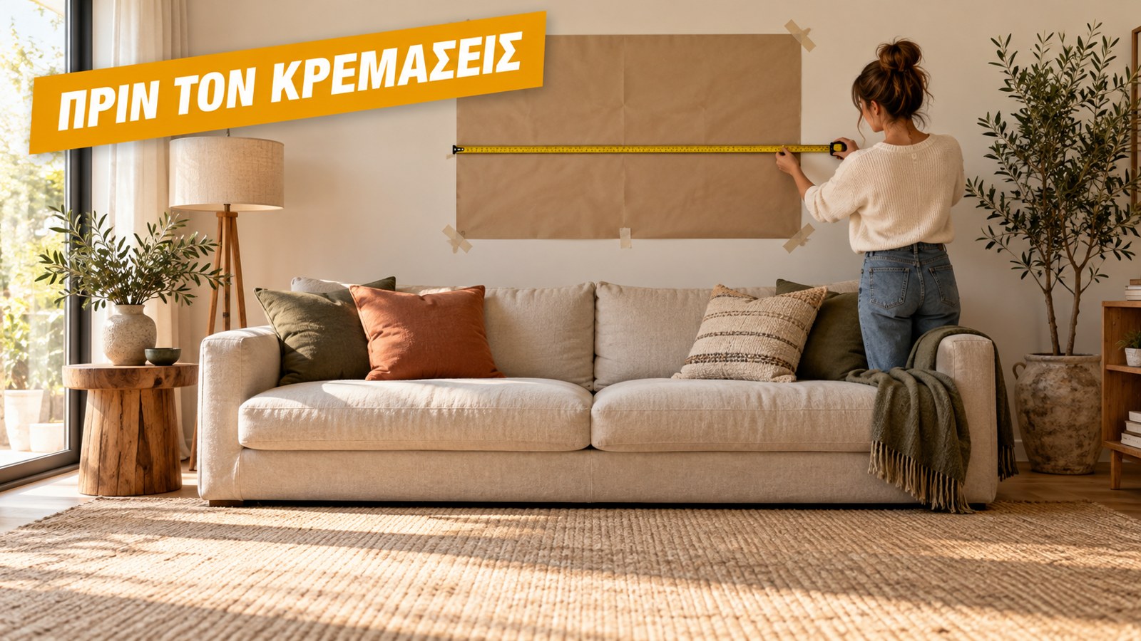 Πίνακας πάνω από καναπέ: εικονογράφηση AI με χάρτινο πατρόν και μεζούρα