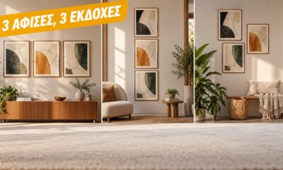 Διάταξη κάδρων στον τοίχο: εικονογράφηση AI με τρεις εκδοχές τοποθέτησης αφισών