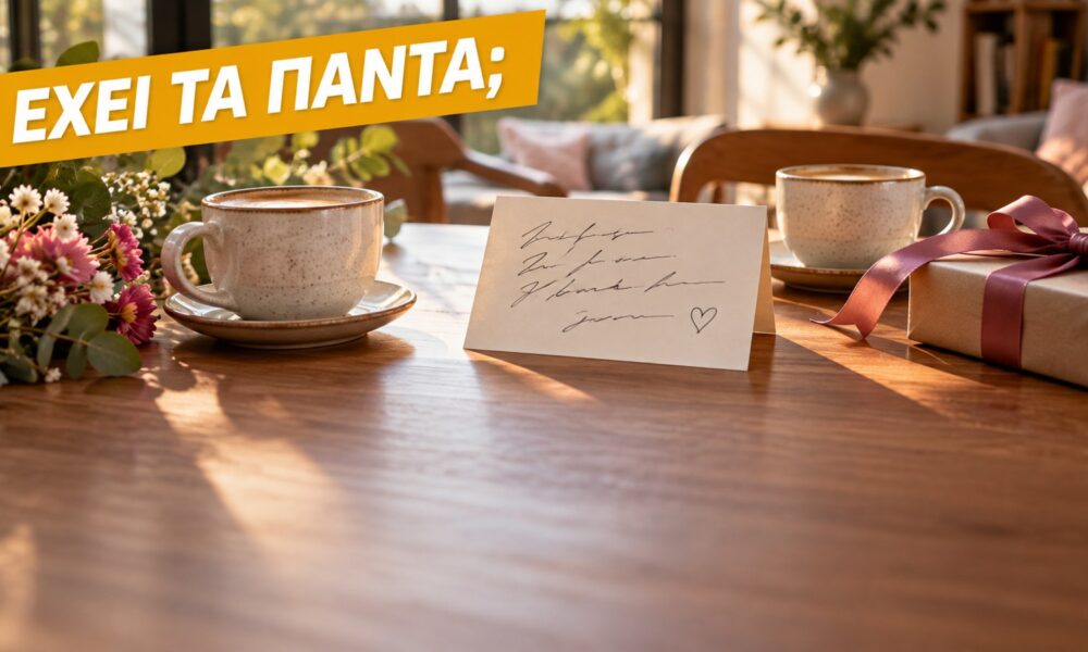 Δώρο για κάποιον που τα έχει όλα: εικονογράφηση AI με πρόσκληση και δύο φλιτζάνια